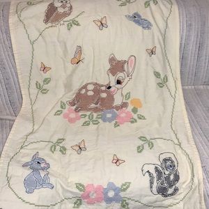 Vintage home made baby quilt Bambi print embroidered 50s